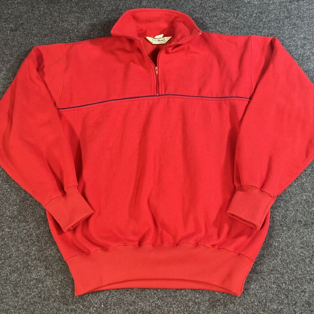 Vintage LL Bean 1/4 Zip Sweatshirt Fleece Pullover Red Blue Stripe Mens L 80s